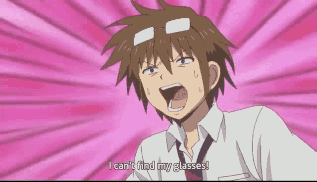 a cartoon character says i can 't find my glasses on a pink background