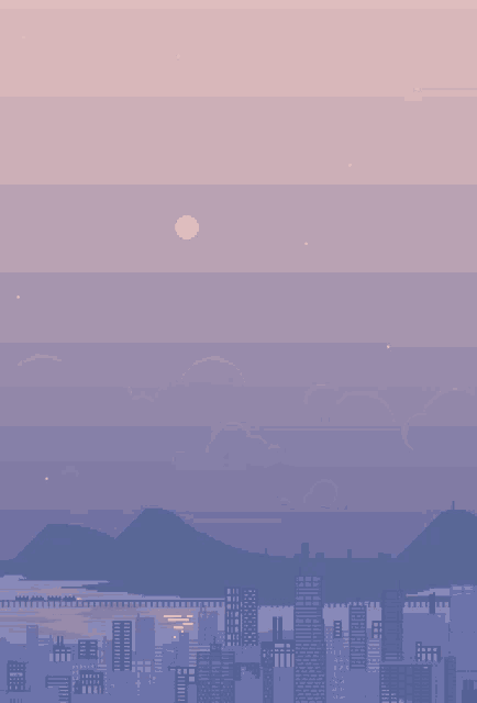 a pixel art of a city at night with a full moon