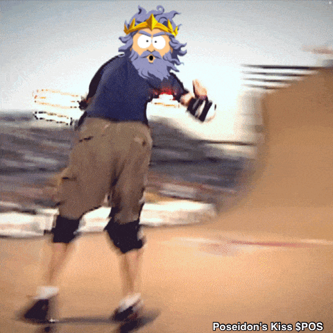 a cartoon of poseidon riding a skateboard with the caption poseidon 's kiss spos