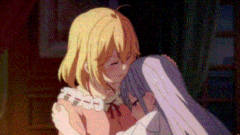 a girl with blonde hair is hugging a girl with purple hair