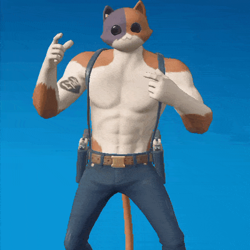 a man with a cat 's head and tail is kneeling down