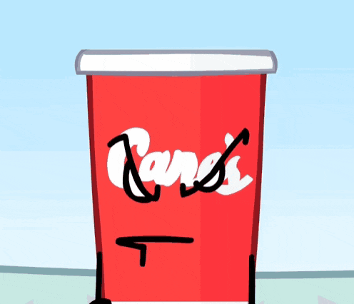 a cartoon drawing of a red cup with an angry face and a hand