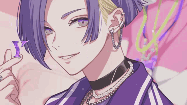 a purple haired anime character with a choker and earrings
