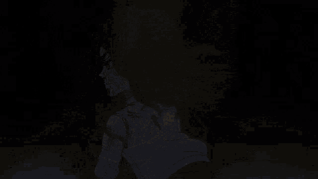 a cartoon of a girl with long black hair standing in the dark