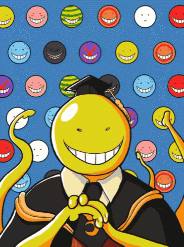 a cartoon drawing of a yellow octopus wearing a graduation cap surrounded by smiley faces