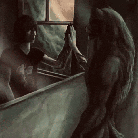 a painting of a man looking at his reflection in the mirror