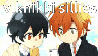 two anime characters are standing next to each other with the words " viknikki sillies " on the bottom