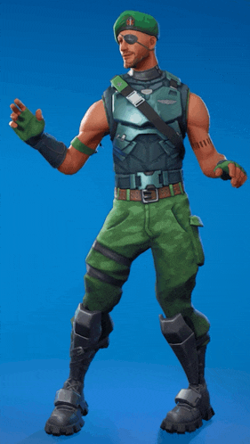 a man wearing a green beret and green pants is standing in front of a blue background
