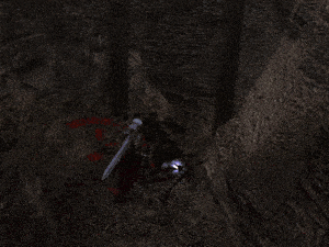 a computer generated image of a person in a cave with fire coming out of them