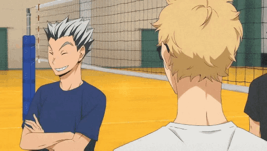 a couple of anime characters standing next to each other with a volleyball net in the background