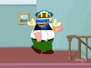a cartoon character is standing in a room with a picture on the wall ..