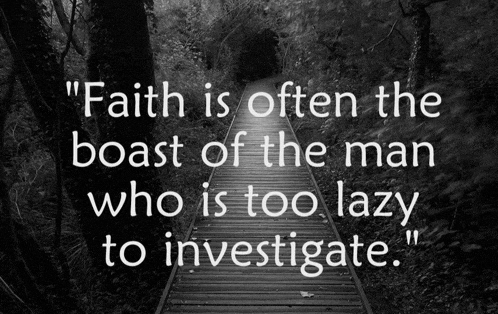 a black and white photo of a wooden path with a quote about faith