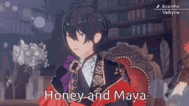 a video game character named honey and maya is sitting in a chair in front of a bookshelf .