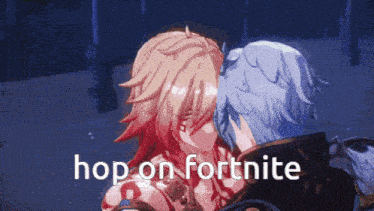 a couple of anime characters kissing with the words hop on fortnite on the bottom