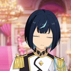 a girl with short blue hair is wearing a black and white uniform with a diamond on it .