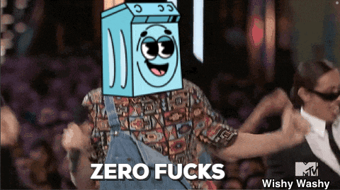 a man with a cartoon washing machine on his head says " zero fucks "