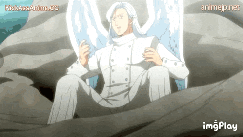 a man in a white suit is sitting on a rock with the words kickassanime.cc at the top