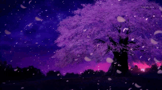 a purple cherry blossom tree with petals falling in front of a tokyo mx sign