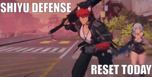 a video game character is holding a sword and says " shiyo defense "