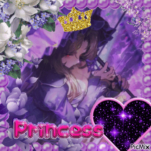 a picture of a princess with purple flowers and a pink heart