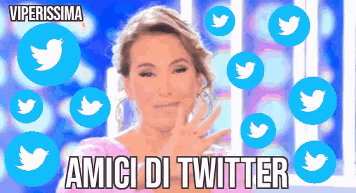 a woman in a pink dress is surrounded by twitter icons and the words amici di twitter