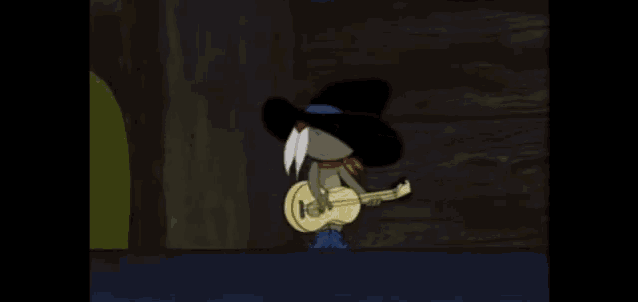 a cartoon character with a cowboy hat and mustache playing a guitar