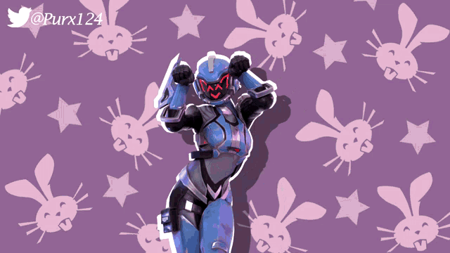 a purple background with rabbits and stars and the twitter account @ purx124