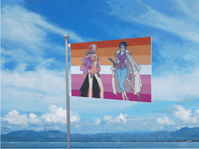 a flag with a picture of two women flying in the wind