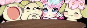 a group of cartoon characters are sitting around a table with flowers on their heads .
