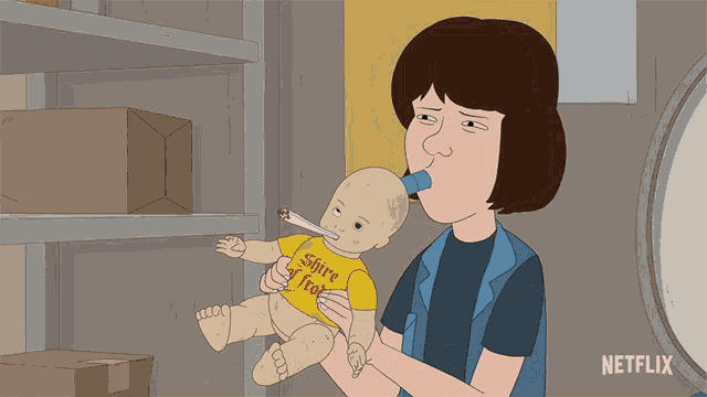 a cartoon of a woman holding a baby wearing a shirt that says shine on fire