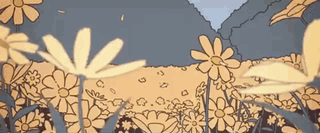 a cartoon of a field of flowers with a mountain in the background .