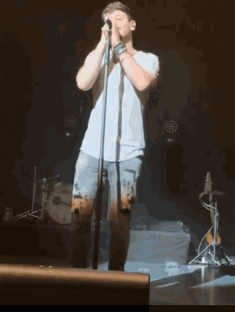 a man sings into a microphone on a stage
