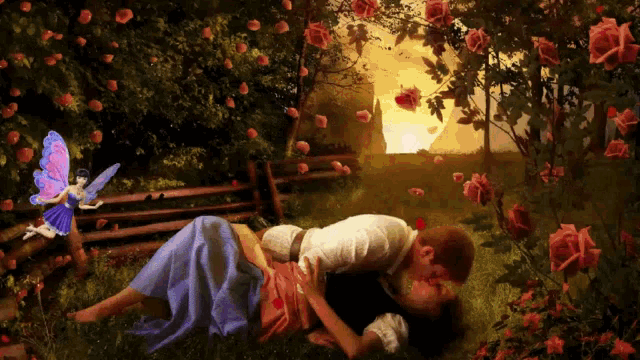 a painting of a man and woman kissing in a garden with roses