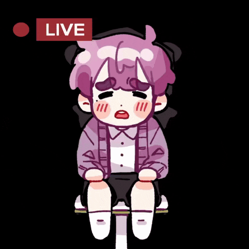 a cartoon drawing of a girl with purple hair and a live button