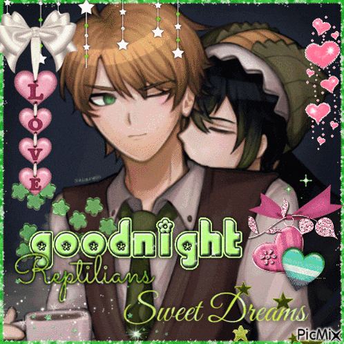 a picture of two anime characters with the words goodnight reptilians sweet dreams written on it