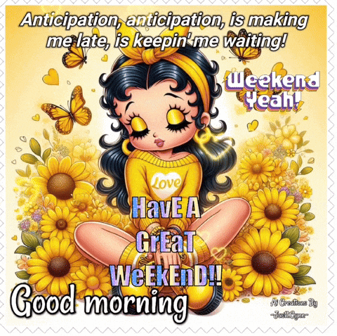 a cartoon of betty boop sitting in a field of sunflowers says good morning