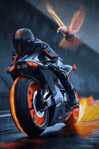 a man is riding a motorcycle with a bird flying in the background that says eagle