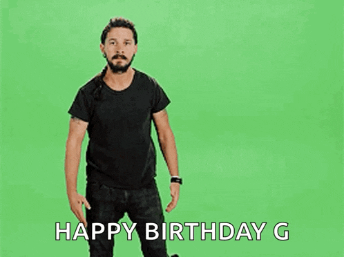 a man is standing in front of a green screen and says happy birthday g