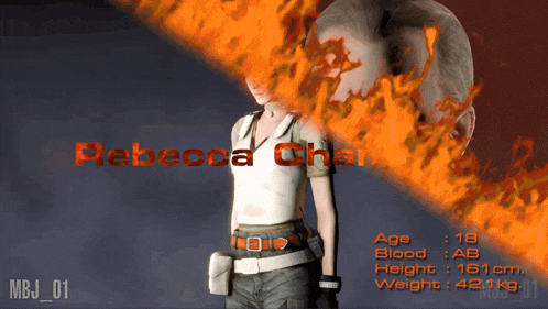 a video game character named rebecca chai with a fire background