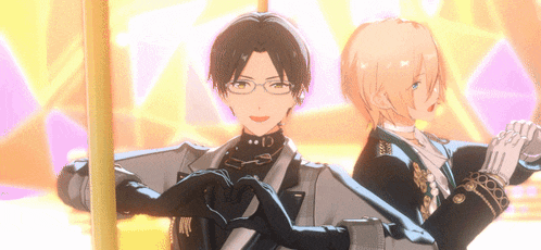 two anime characters making a heart with their hands