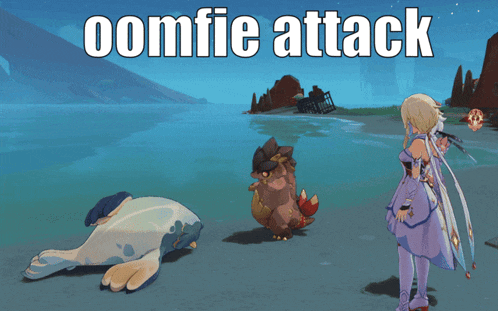 a cartoon of a girl standing next to a monster with the words oomfie attack on the top