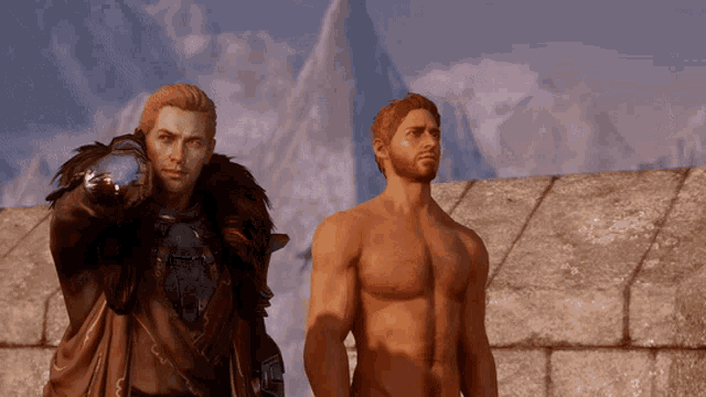 a man without a shirt is standing next to another man in a video game
