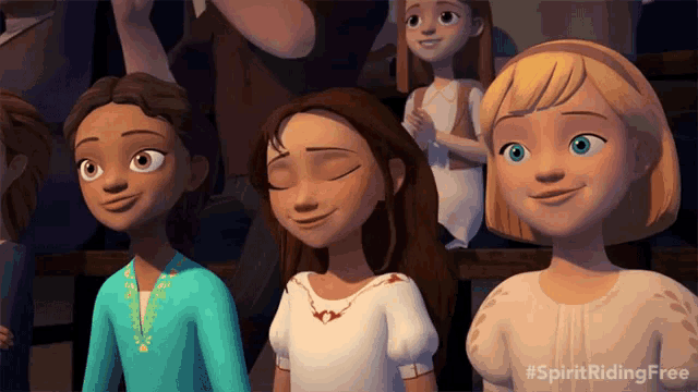 a group of cartoon girls are standing next to each other with the words spirit riding free on the bottom right