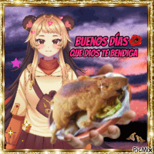 a picture of a girl holding a hamburger with the words buenos dias que dios te bendiga on it