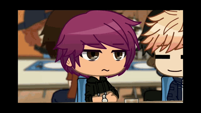 a cartoon character with purple hair sitting next to another character