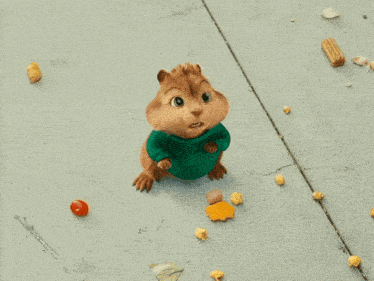 a chipmunk wearing a green hoodie is sitting on a sidewalk