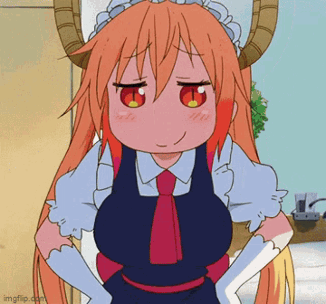a girl with long orange hair and horns is wearing a maid costume and gloves .