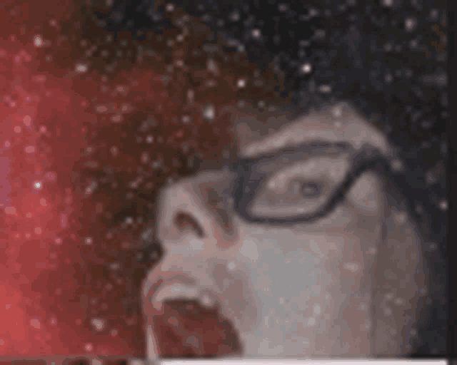 a close up of a person wearing glasses with their mouth open in front of a galaxy .