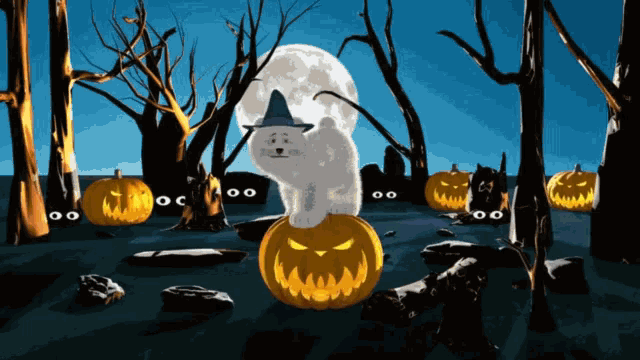 a cat in a witch hat sits on a pumpkin in a forest