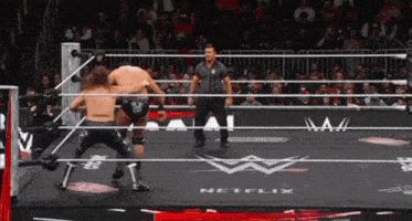 a referee stands in a wrestling ring with a netflix logo on the floor